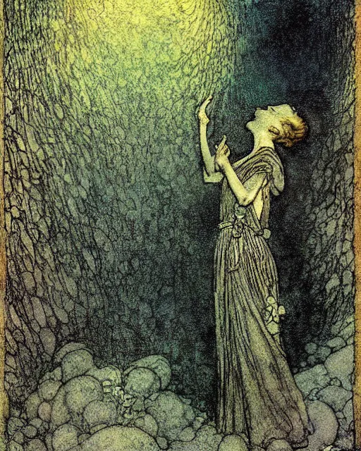 Image similar to a person conjuring!!! an image!!! from of noise!!!, by arthur rackham, maxfield parrish, and larry elmore, kodachrome colors, intricate, chaotic, fantasy realism, hopeful, volumetric lighting