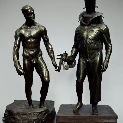 Image similar to a couple of statues of men in costumes, a bronze sculpture by Guillermo del Toro, featured on deviantart, antipodeans, movie still, ultra detailed, shiny