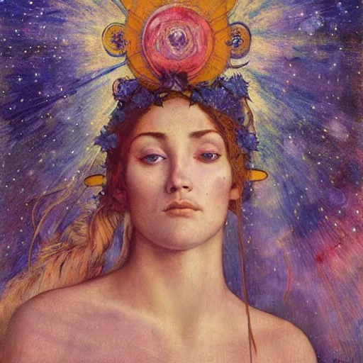 Image similar to queen of the moon with stars in her hair, by annie swynnerton and tino rodriguez and nicholas roerich and lucien freud and jean delville and charlie bowater, dramatic lighting, floral tattoos, rich colors, smooth sharp focus, extremely detailed, adolf wolfli