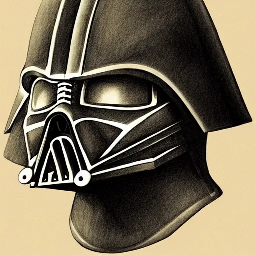 Image similar to steampunk reimagining of darth Vader’s helmet, concept art, character art, colorized pencil sketch, sepia