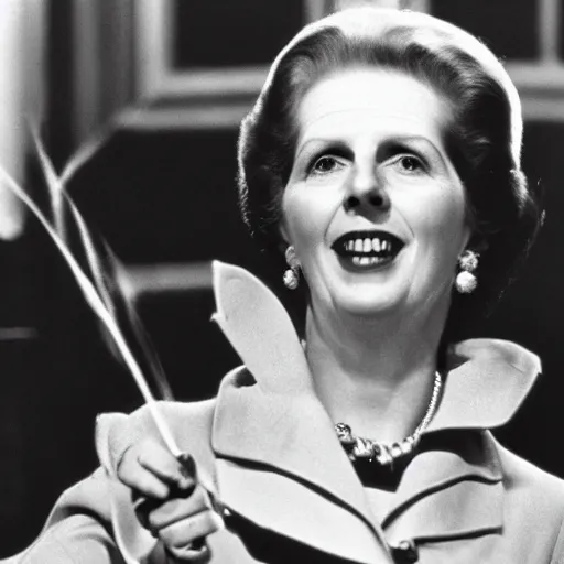 Prompt: margaret thatcher as gene kelly in singing in the rain
