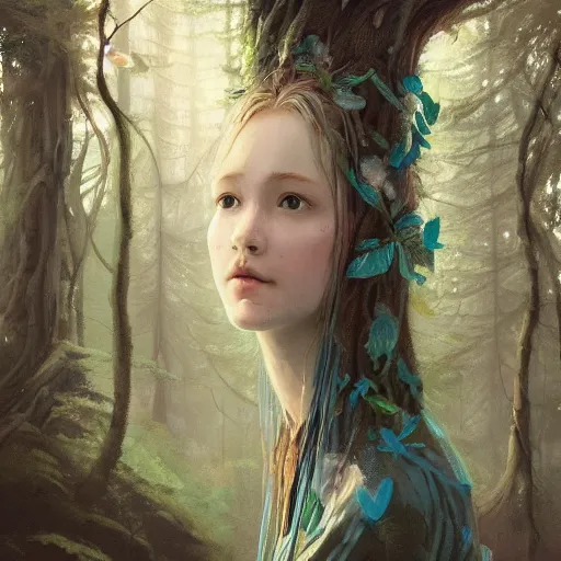 Image similar to artist james jean and sam spratt incrediblel illustration of a beautiful huldra in a serene forest, high detail, artstation, natural colors, peaceful expression,