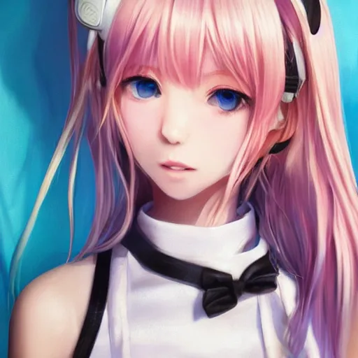 Prompt: realistic detailed semirealism beautiful gorgeous buxom hot girl natural cute excited happy realistic Blackpink Lalisa Manoban white hair white cat ears blue eyes, wearing apron, headphones, black leather choker realistic artwork drawn full HD 4K high resolution quality artstyle professional artists WLOP, Aztodio, Taejune Kim, Guweiz, Pixiv, Instagram, Artstation