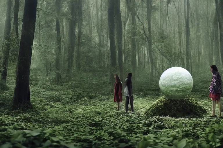 Prompt: tourists visiting a complex organic fractal 3 d ceramic sphere floating in a lush forest, foggy, cinematic shot, photo still from movie by denis villeneuve