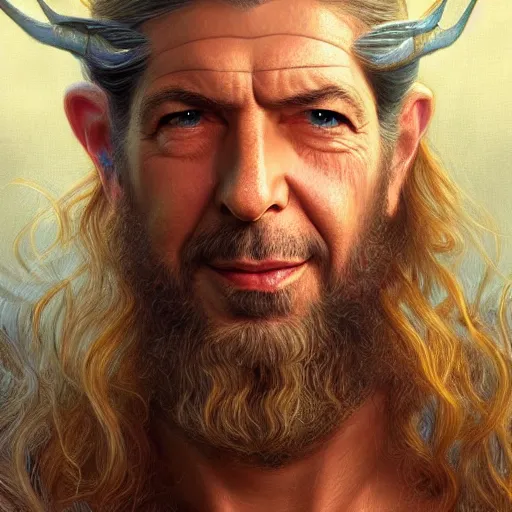 Image similar to glorious full head portrait of Leonard Cohen as thor, fantasy, intricate, elegant, digital painting, trending on artstation, concept art, sharp focus, illustration by Gaston Bussiere and artgerm, 4k.