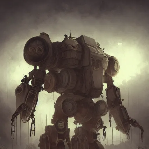 Image similar to gigantic steampunk mecha, industrial machine, colored light beams, dense fog, trending on artstation, jakub rozalski