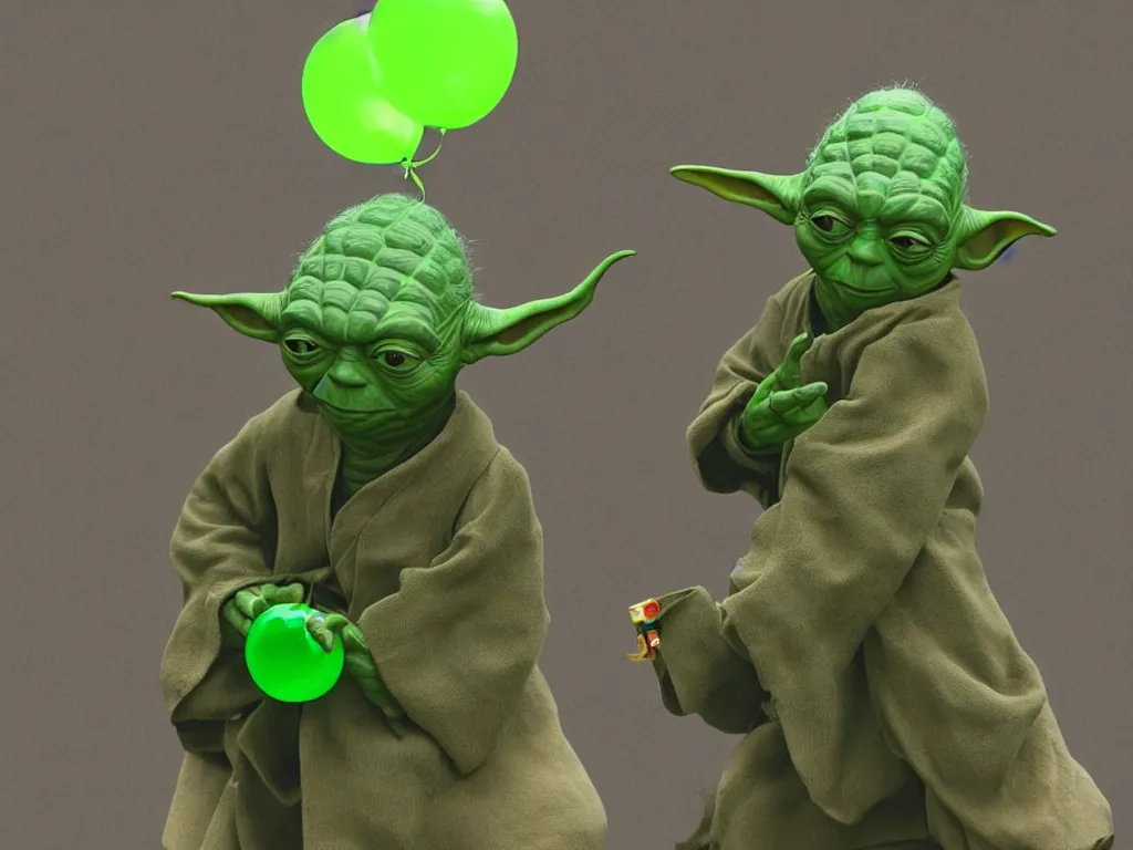 Prompt: a photo of yoda holding a green balloon in the tokyo suburbs by wes anderson, highly detailed, trending on artstation