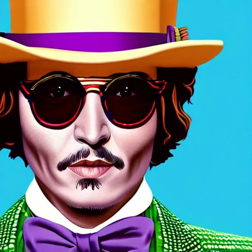 Image similar to portrait of johnny depp without mustache and beard as willy wonka, highly detailed, centered, solid color background, digital painting