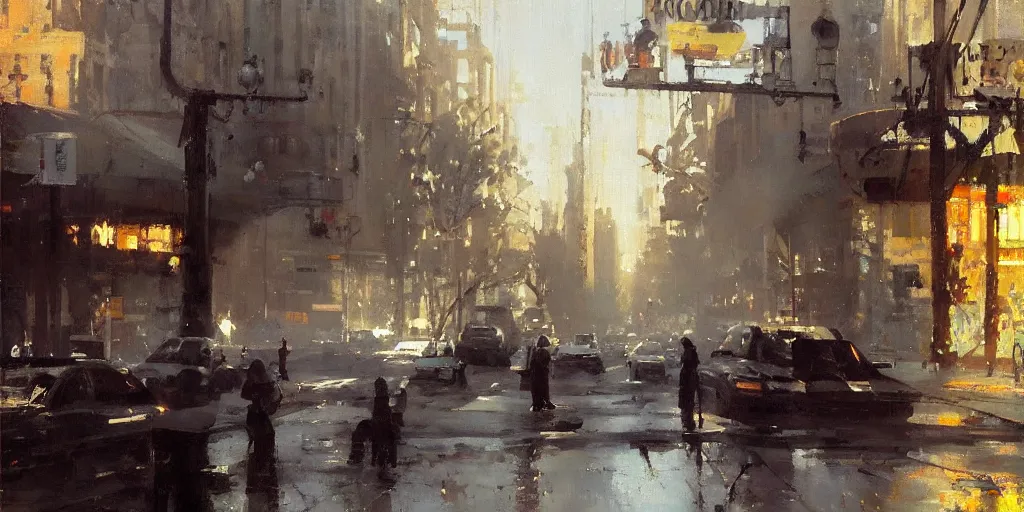 Image similar to street scene, morning sunlight, matt painting, painting by jeremy mann