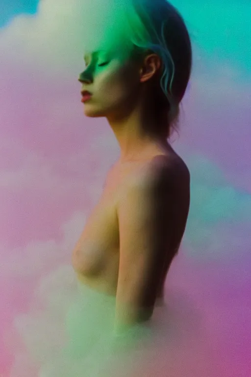 Image similar to high quality pastel coloured film close up wide angle photograph of a model wearing clothing swimming on cloud furniture in a icelandic black rock!! environment in a partially haze filled dreamstate world. three point light, rainbow. photographic production. art directed. pastel colours. volumetric clouds. pastel gradient overlay. waves glitch artefacts. extreme facial clarity. 8 k. filmic.