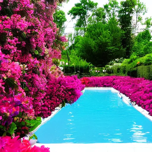 Prompt: swimming pool in the middle of a land of flowers