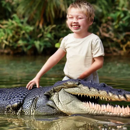 Prompt: A child happily hugging an alligator gar ,photography