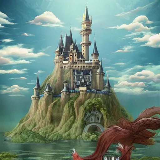 Prompt: a castle floating in a cloud with mythical creatures flying around it, exquisitely detailed, Miyazaki film, retro aesthetic, fantasy,