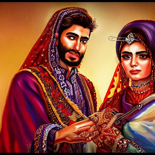 Image similar to kurdish wedding, highly detailed, digital painting, artstation, award winning art, sharp focus, incredibly strong and tall