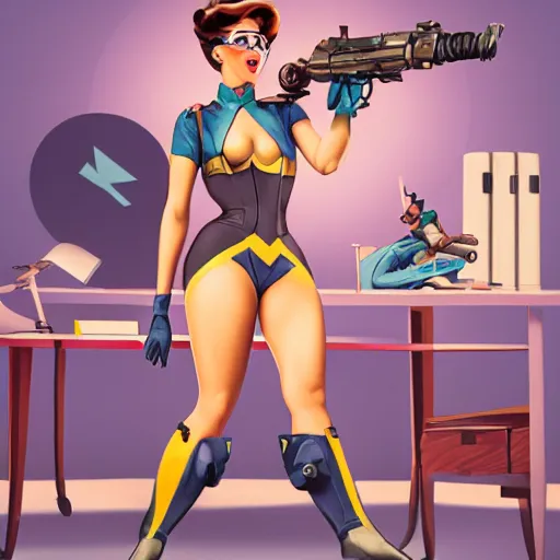 overwatch's tracer in a 1 9 5 0's pinup art,, Stable Diffusion