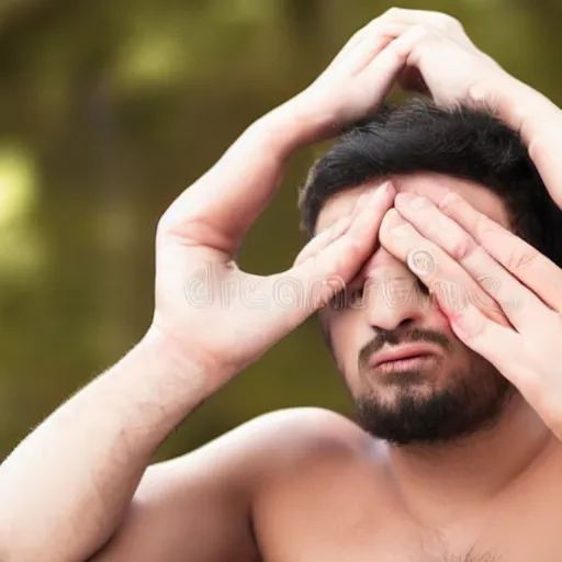 Prompt: a man who is covering his ears from a very loud noise, pained expression, stock photography, shutterstock, 4 k