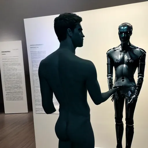 Image similar to “ a realistic detailed photo of a guy who is an attractive humanoid who is half robot and half humanoid, who is a male android, actor liam hemsworth, shiny skin, posing like a statue, blank stare, at the museum, on display ”