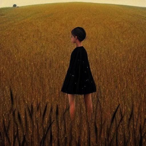 Prompt: giant black daisy flower head, girl walking in wheat field, hills, surreal photography, dark night, star trails, dramatic light, impressionist painting, clouds, digital painting, artstation, simon stalenhag