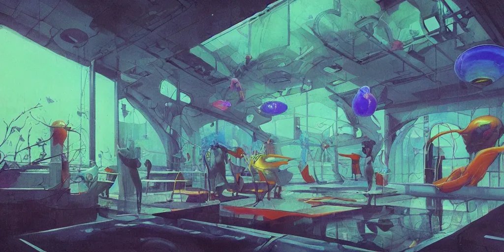 Image similar to 90s underwater lab with organic windows, figures, bright fluorescent lights, neon colors, cinematic, cyberpunk, smooth, chrome, lofi, nebula, calming, dramatic, fantasy, by Moebius, by zdzisław beksiński, fantasy LUT, studio ghibli, high contrast, epic composition, sci-fi, dreamlike, surreal, angelic, 8k, unreal engine, hyper realistic, fantasy concept art, XF IQ4, 150MP, 50mm, F1.4, ISO 200, 1/160s, natural light, Adobe Lightroom, photolab, Affinity Photo, PhotoDirector 365,