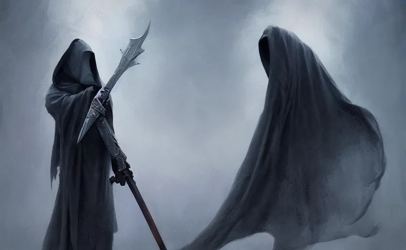 Prompt: the grim reaper, standing, soft grey and blue natural light, intricate, digital painting, artstation, concept art, smooth, sharp focus, illustration, art by greg rutkowski and luis rollo and uang guangjian and gil elvgren, symmetry!