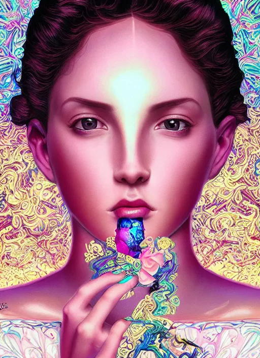 Prompt: surreal, beautiful young woman, extremely detailed gorgeous face, sad eyes, tears, beautiful detailed hands sexy body and face, vaporwave aesthetic, synthwave, long luxurious gown, colorful, psychedelic, intricate, elegant, highly detailed, digital painting, artstation, concept art, smooth, sharp focus, illustration, art by artgerm and greg rutkowski and alphonse mucha