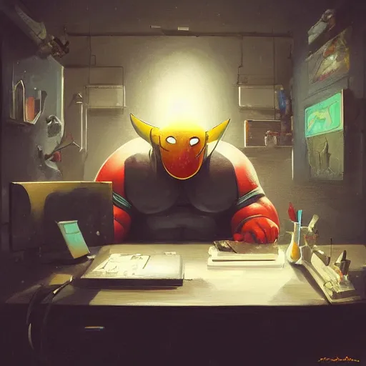 Image similar to a insanely detailed painting of a fat masked superhero wearing a costume sitting at a desk, staring at the nervously at the computer typing, in the style of peter mohrbacher, dramatic lighting and composition, trending on artstation, concept art, comic book