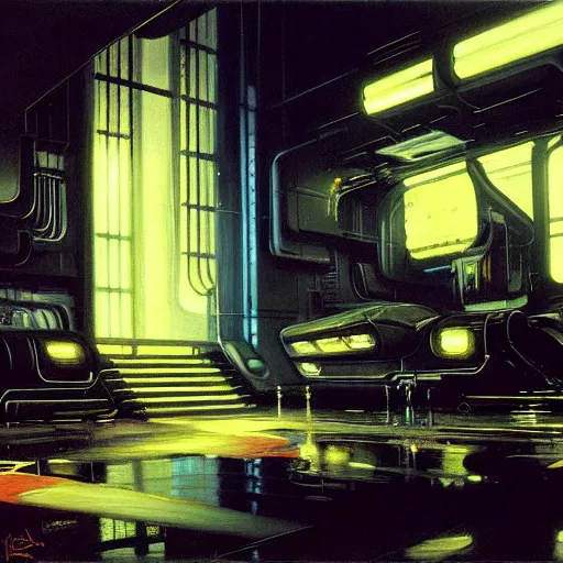 Prompt: painting of a bladerunner interior, syd mead, andreas achenbach