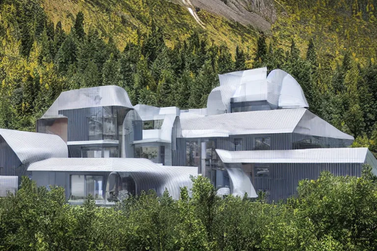 Prompt: architecture photo modern fachwerk house cottage settlement with Elbrus mountain on the background, architecture, high-tech technology, futuristic ecocity, photorealism 8k , high details