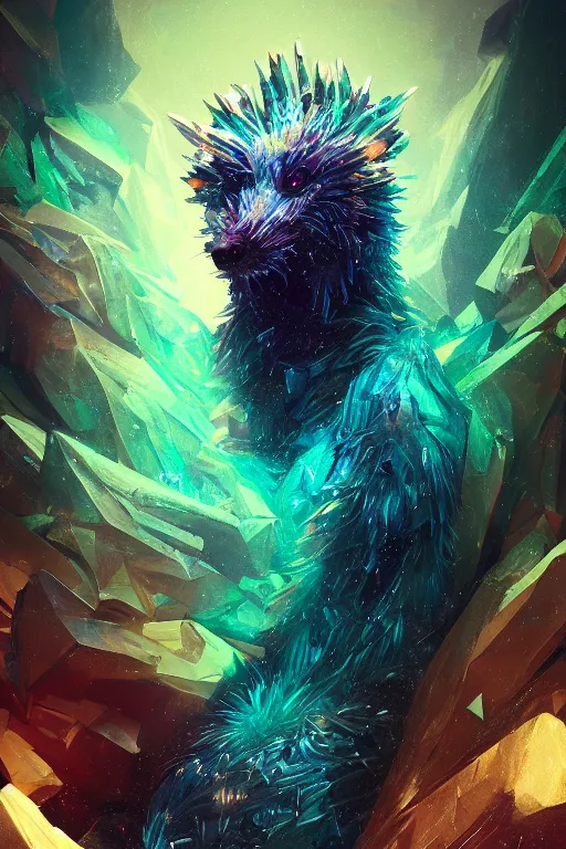 Image similar to A fancy portrait of a crystalized beast by Greg Rutkowski, beeple, Sung Choi, Mitchell Mohrhauser, Maciej Kuciara, Johnson Ting, Maxim Verehin, Peter Konig, final fantasy, macro lens, 35mm, 8k photorealistic, cinematic lighting, HD, high details, dramatic, dark atmosphere, trending on artstation