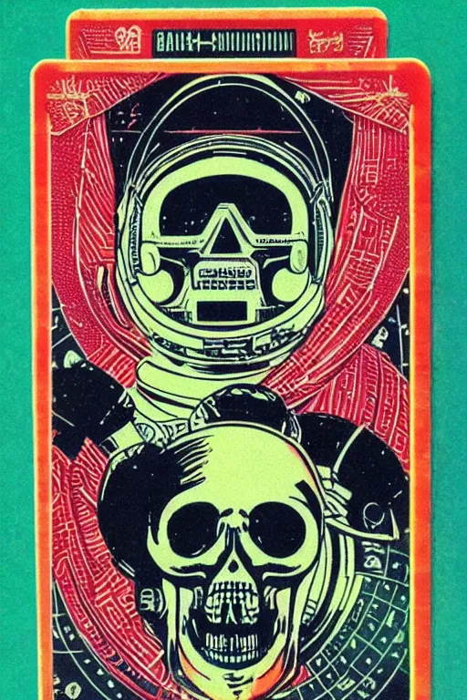 Image similar to soviet playing card, astronaut with neon glowing skull 1 9 6 0 s color _ bleed _ video compression video glitch vhs footage akira kurosawa mamoru oshii wes anderson