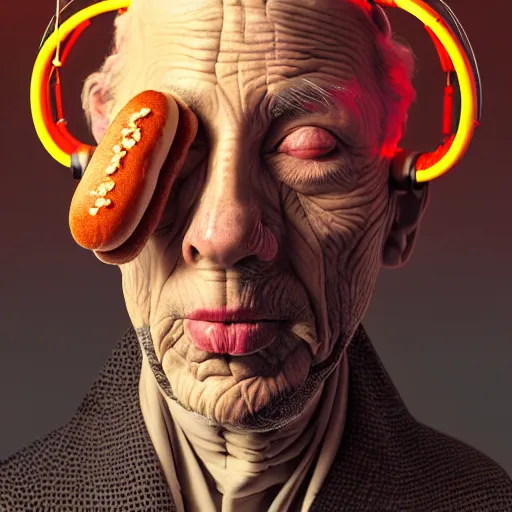 Image similar to Colour Photography of 1000 years old man with highly detailed 1000 years old face wearing higly detailed cyberpunk VR Headset designed by Josan Gonzalez. Man eating higly detailed hot-dog. In style of Josan Gonzalez and Johannes Vermeer and Mike Winkelmann and Caspar David Friedrich. Rendered in Blender