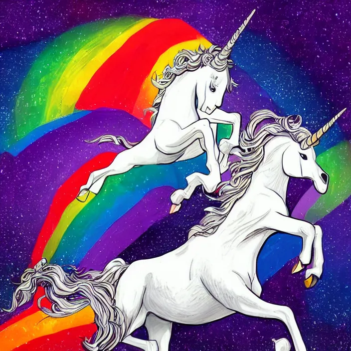 Image similar to a beautiful elegant unicorn running on a rainbow, concept art, intricate details, fierce, powers, comic