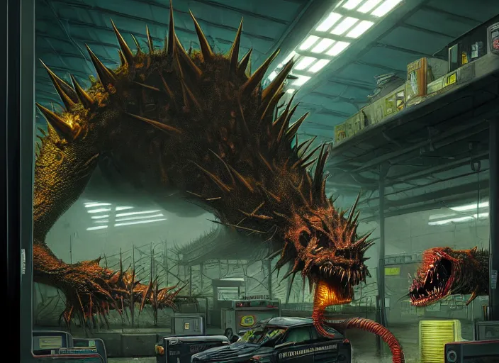 Image similar to scene inside a gas station with harsh fluorescent industrial lighting, giant monstrous aggressive spiked creature screaming at the camera, spikes like needles, needles, thin spikes, epic science fiction horror digital matte painting by Moebius and Mark Brooks (and Greg Rutkowski), extremely detailed, artstation