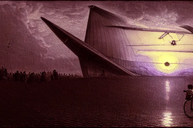 Prompt: kid rides a bicycle waving good bye to the airship at sunset, in the style of gustav dore, intricate and epic composition, purple by caravaggio, insanely quality, highly detailed, masterpiece, purple light, artstation, 4 k