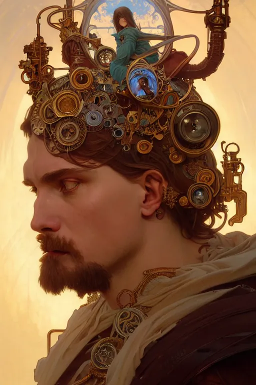 Image similar to highly detailed portrait of god ares, alphonse mucha, stephen bliss, unreal engine, fantasy art by greg rutkowski, rhads, ferdinand knab, makoto shinkai and lois van baarle, ilya kuvshinov, rossdraws, tom bagshaw, global illumination, radiant light, detailed and intricate environment, steampunk