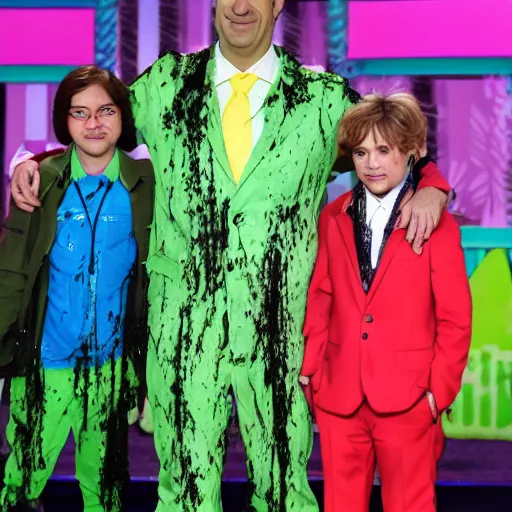 Prompt: saul goodman slimed at the kids choice awards, photojournalism photography