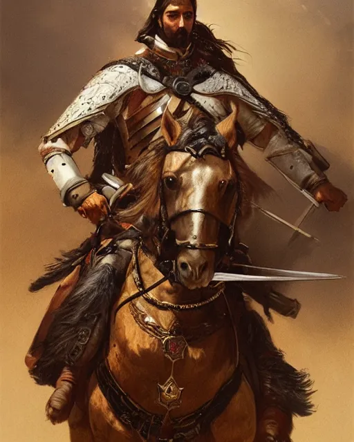 Image similar to portrait of a spanish conquistador in battle riding a horse, by daniel zrom and greg rutkowski, facial features, handsome