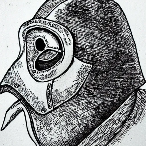Prompt: plague doctor, detailed, pen and ink, stippling
