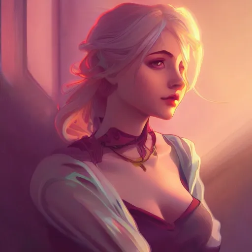 Image similar to Ciri, ambient lighting, 4k, alphonse mucha, lois van baarle, ilya kuvshinov, rossdraws, artstation