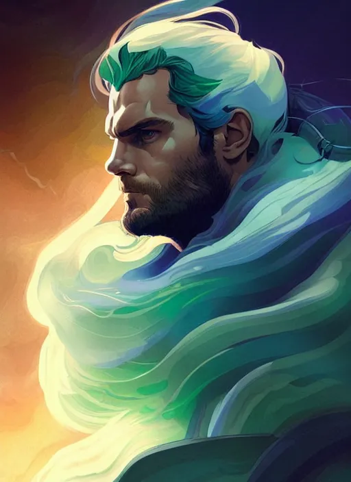 Prompt: style artgerm, joshua middleton, illustration, henry cavill as a warrior monk wearing green pelt light armor, blue hair, swirling water cosmos, fantasy, dnd, cinematic lighting