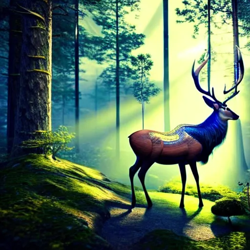 Image similar to beautiful hyper realistic stag. elven, celestial highly detailed magic athmospher. beautiful highly detailed forest background. blue light. sunlight rays throught the trees. intricate, elegant, long shot 8 k rendering.