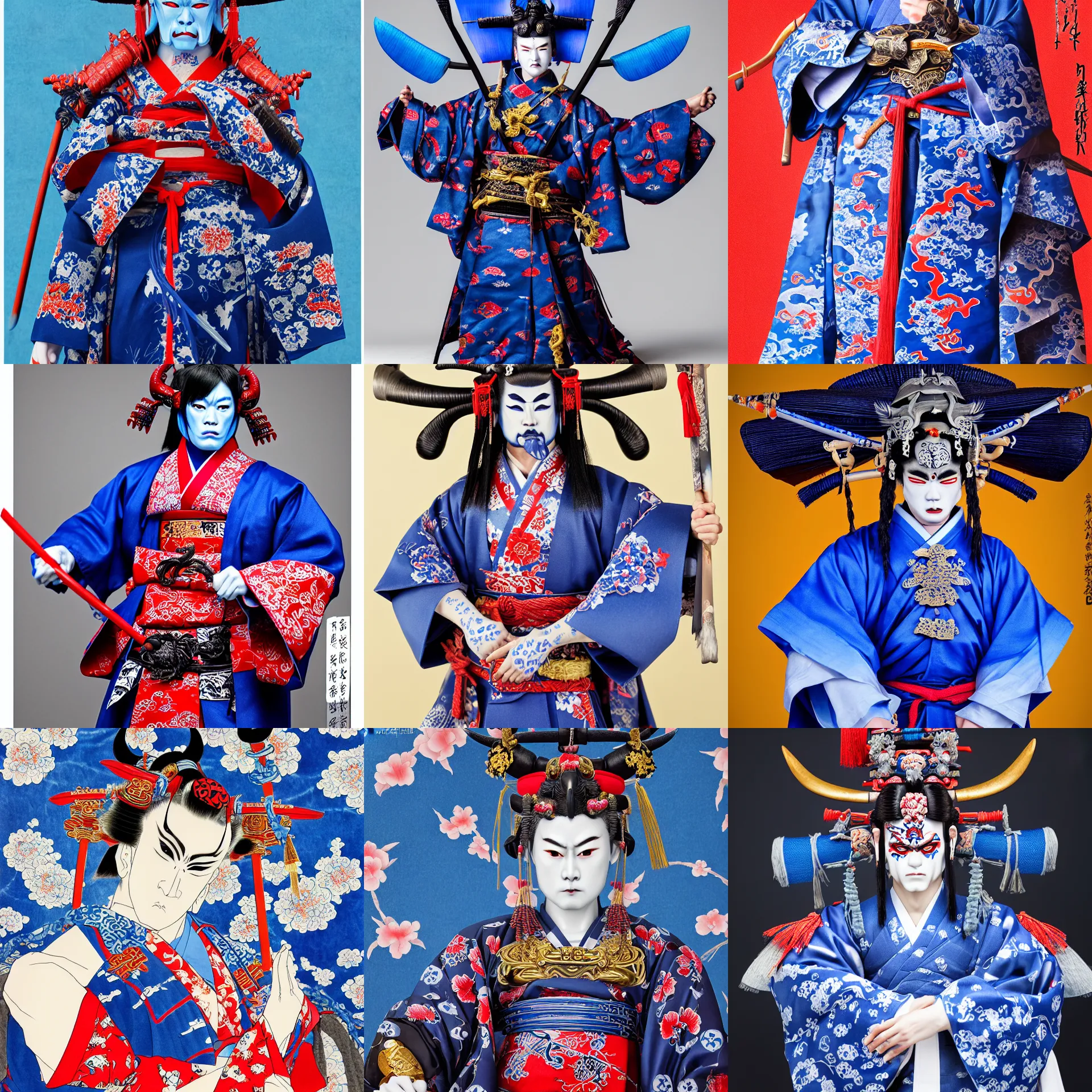 Image similar to a standing portrait of a male blue blue oni demon 鬼 👹 horns horns horns blue blue blue skin dressed as samurai 羽 織 haori kimono official portrait highly detailed, 4 k, hdr, smooth, sharp focus, high resolution, award - winning, illustrated by anne stokes, from sengoku period blue