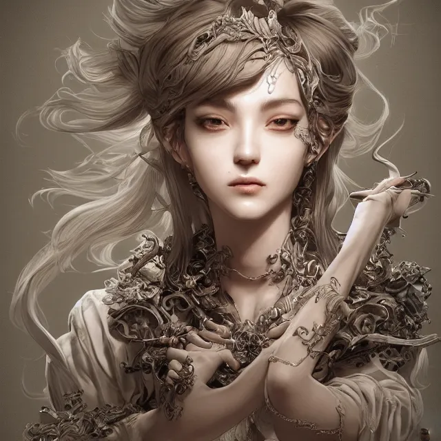 Prompt: a portrait of a lawful evil alignment personified as an absurdly beautiful, graceful, elegant, sophisticated, evil young sensual idol, an ultrafine hyperdetailed illustration by kim jung gi, irakli nadar, detailed faces, intricate linework, octopath traveler, final fantasy, unreal engine 5 highly rendered, global illumination, radiant light, detailed and intricate environment