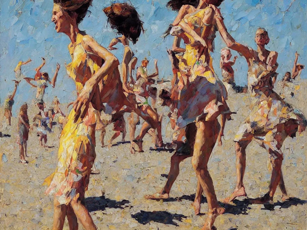 Image similar to tall woman dancing, heatwave, Denis sarazhin, oil on canvas