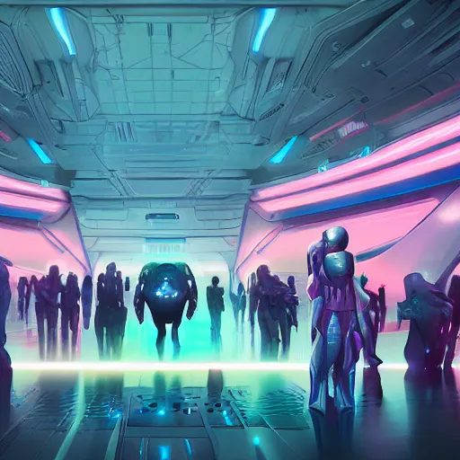 Image similar to hyperrealistic futuristic convention hall with various alien species, very detailed, technology, cyberpunk, dark blue and pink volumetric light, cgsociety, in the style of artgerm and artstation