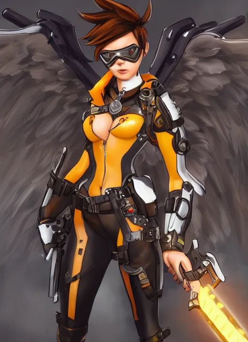 Image similar to full body artwork of tracer overwatch wearing leather collar, angel wings, dramatic painting, symmetrical composition, wearing detailed leather collar, black shiny armor, chains, black harness, detailed face and eyes,