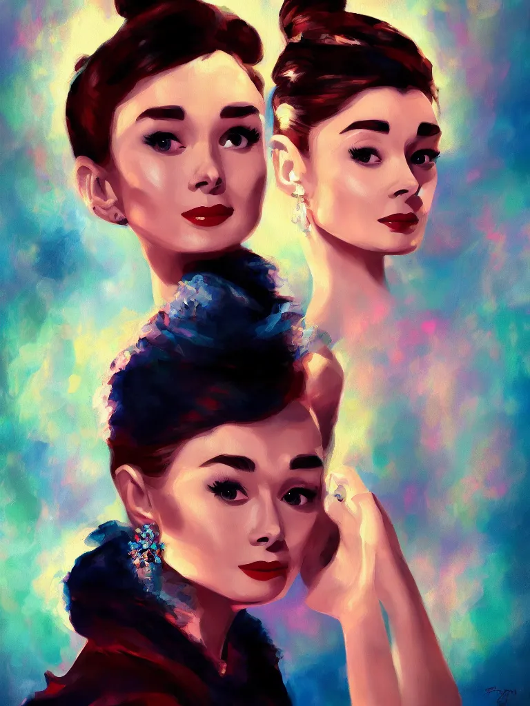 Image similar to a portrait of Audrey Hepburn, glamorous setting, vivid colors, soft lighting, atmospheric, cinematic, moody, in the style of Ross Tran, oil on canvas, 8k