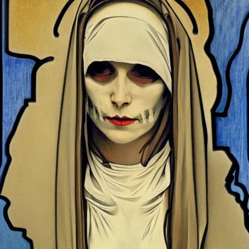 Image similar to a Masterpieces portrait of a skeleton nun in the style of Alphonse Mucha,Realistic style,oil on canvas