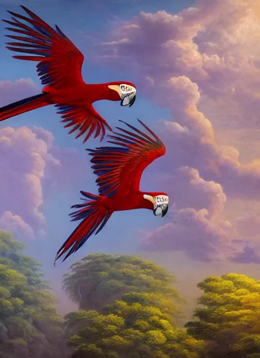 Prompt: a beautiful painting of two macaws flying over the amazon jungle, matte painting, fantasy art, ayahuasca, highly detailed