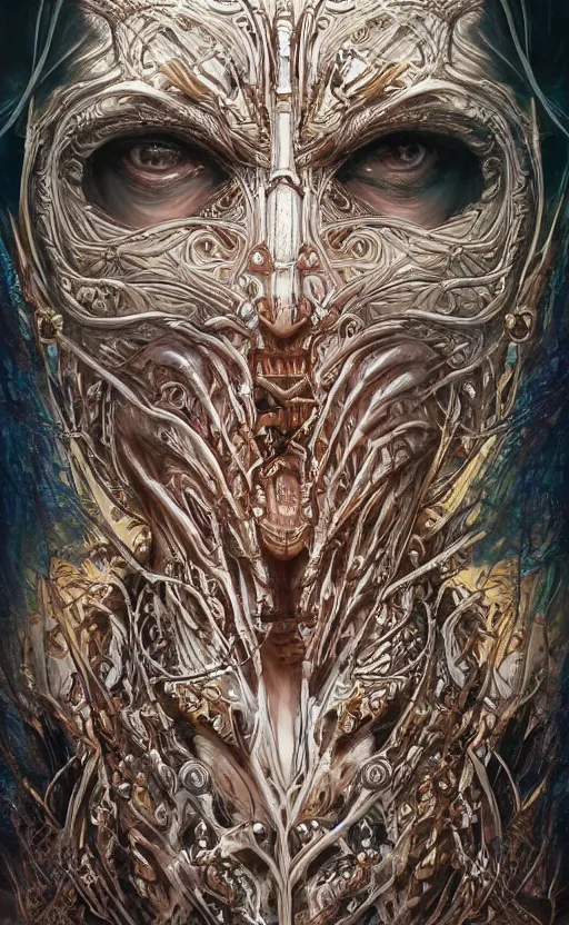 Image similar to Elden Ring themed painting of hybrid majestic aztec warrior princess fantasy biomechanical human beautiful immortal feminine angel symmetrical face angry mask closeup face breathing mask tattoo pattern golden ratio concept, deep forest psytrance Neo-Gothic concept, infinity glyph waves, intricate artwork masterpiece, very coherent artwork, cinematic, full frontal facial features by Artgerm, Takato Yamamoto, Zdizslaw Beksinski, Johnatan Wayshak, Moebius, Ayami Kojima, very coherent artwork, trending on cgsociety, ultra high quality model, production quality cinema model, high detail chromatic ink outline, octane render, unreal engine 8k, hyper realism, high detail, octane render, unreal engine, 8k, High contrast